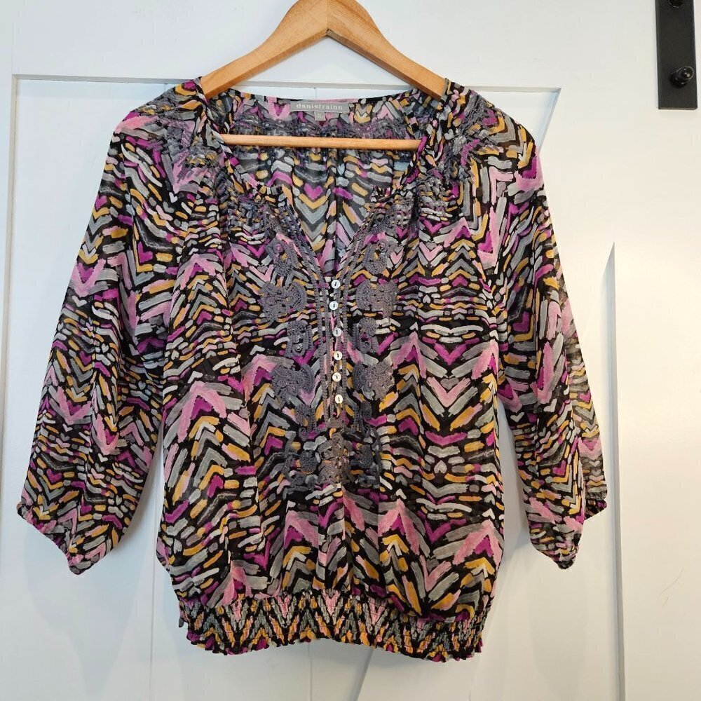 Daniel Rainn Embroidered Peasant Cottagecore Top Pink Oversized Small Petite